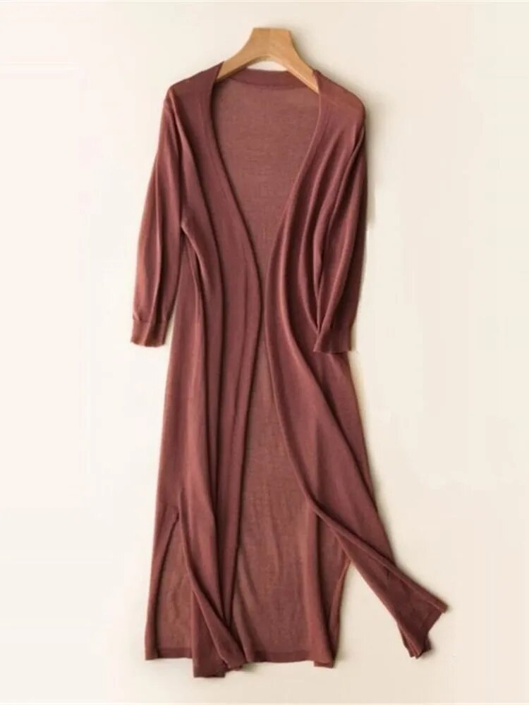 Poncho cardigan long et fin en tricot pour femme - Veste pull ample décontractée en soie 