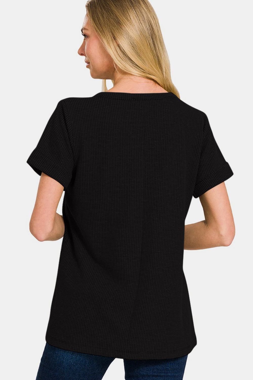 Zenana – Kurzärmliges T-Shirt mit Waffelmuster und Einkerbungen