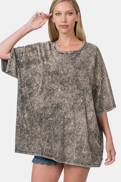 Zenana – Verwaschenes Oversize-T-Shirt mit Rundhalsausschnitt und überschnittenen Schultern