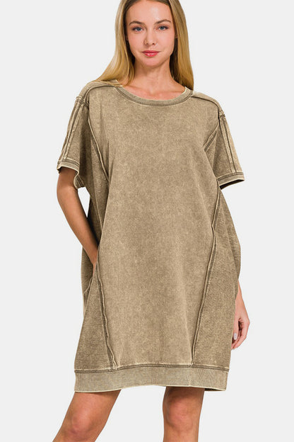 Zenana – Verwaschenes Mini-T-Shirt-Kleid mit sichtbaren Nähten