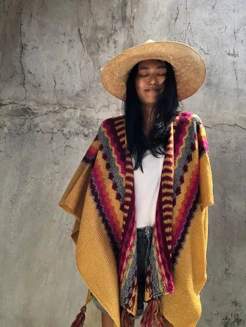 Vintage surdimensionné ethnique Plaid tricot gland Cardigan Cape pull pour les femmes 