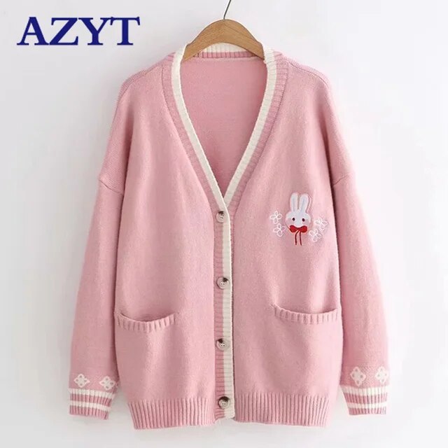 Cartoon Rabbit Embroidered Knit Cardigan Sweater - Loose Casual Sweater for Women