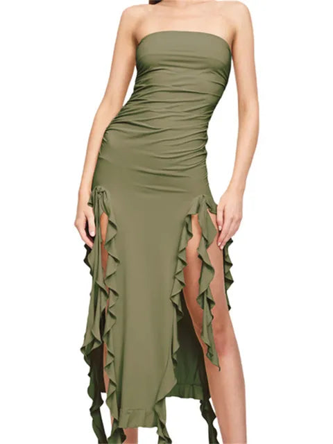 Sexy Strapless Ruffle Split Midi Beach Dress - Slim Fit Summer Party Dress for Women