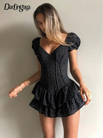 Chic Black Summer Dress: V-Neck Ruffles Pleated with Puff Sleeves, Party-Ready Hollow Out Details - Vintage Corset Style by Darlingaga