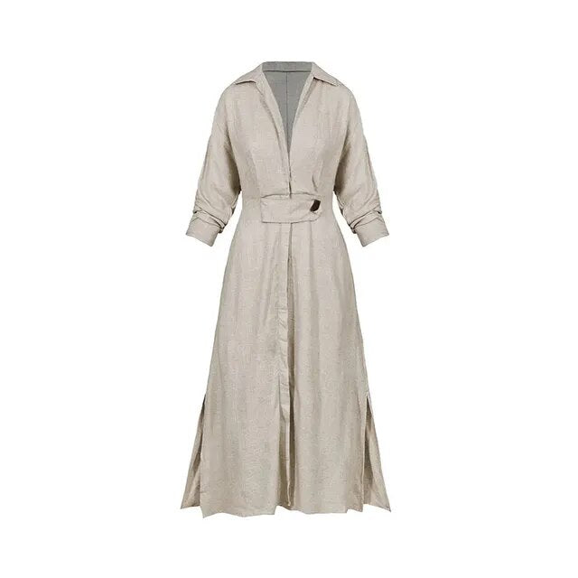 Robe chemise unie à col en V avec poches – Robe jupe longue à manches longues pour femme 