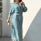 Solid V Neck Lapel Shirt Dress With Pockets - Full Sleeve Long Skirt Dress for Women