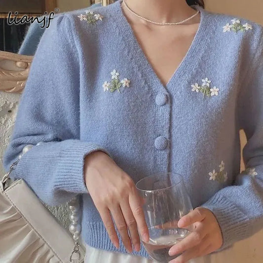 Floral Embroidered Oversize Knit Cardigan - Vintage V-Neck Sweater for Women