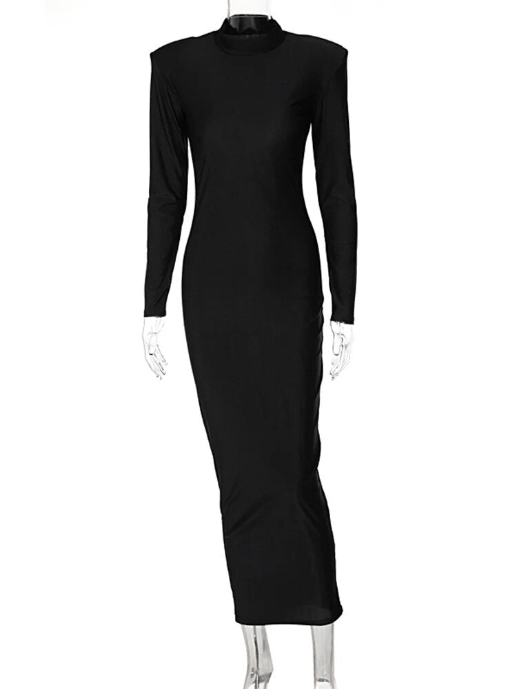 Einfarbiges langärmliges Rollkragen-Maxikleid - Elegantes, schmales Kleid mit Schulterpolstern