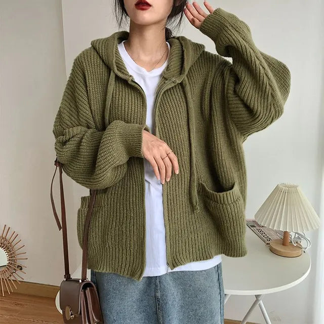 Retro Zipper Hooded Knit Cardigan Sweater - Loose Casual Coat for Women