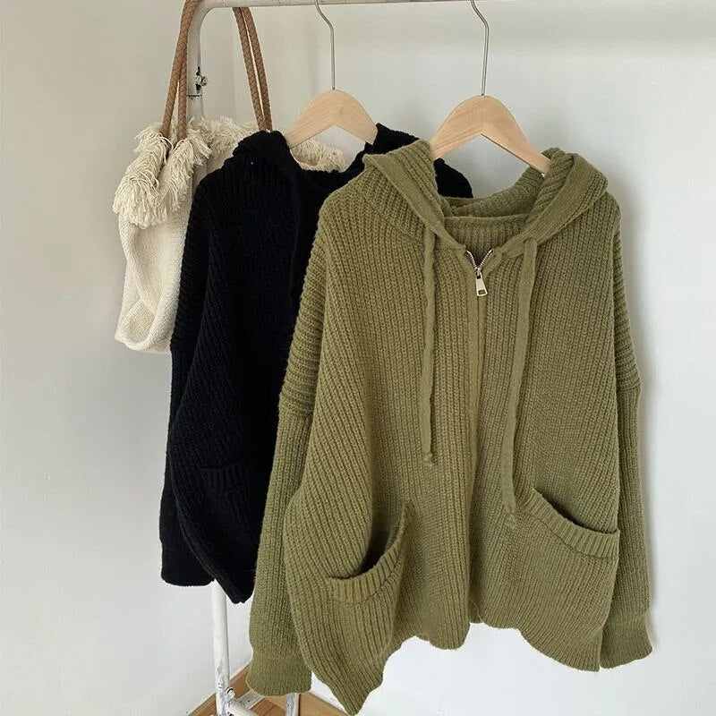 Retro Zipper Hooded Knit Cardigan Sweater - Loose Casual Coat for Women