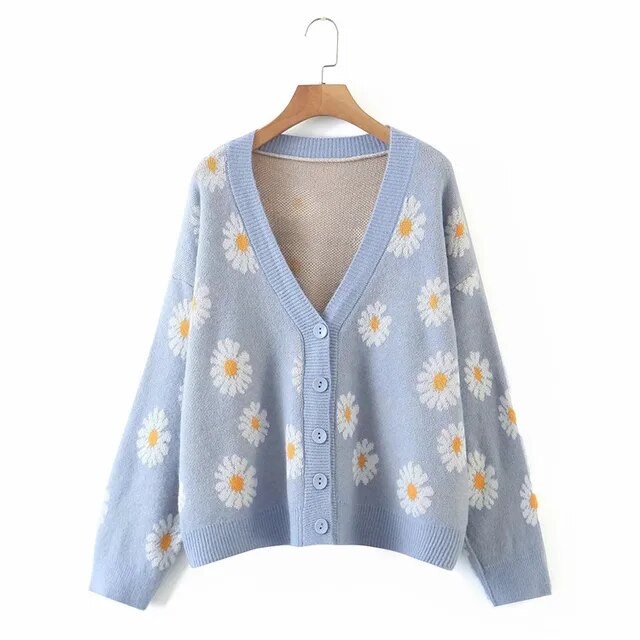Cardigan à col en V imprimé floral – Pull surdimensionné en tricot doux pour femme 