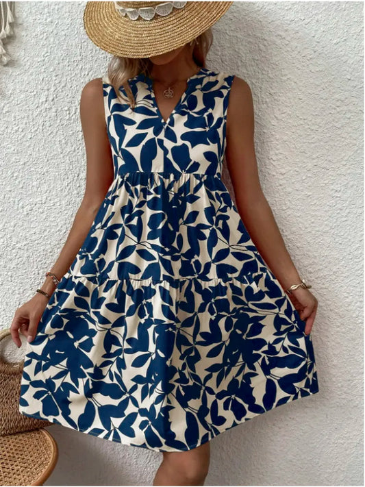 Bedrucktes ärmelloses Midi-Strandkleid mit V-Ausschnitt für Damen – Sommerkleid im Boho-Chic-Stil