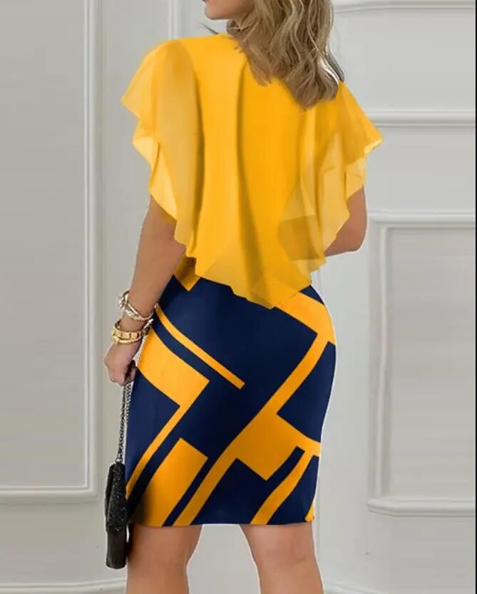 Nouvelle mode été 2023 : Mini robe moulante à manches courtes, imprimé géométrique, avec ourlet à volants, élégante et décontractée pour femmes 