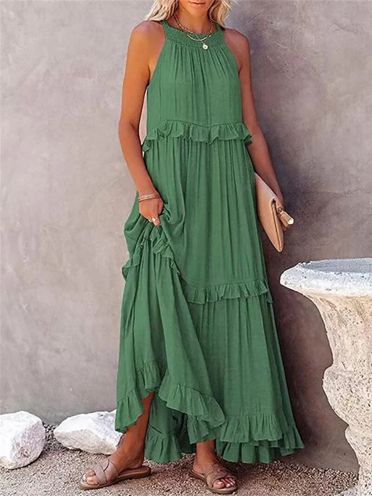Green Tie-Up Robe Maxi Dress - Casual, Summer, Elegant, Sleeveless, Ruffle, Halter, Women's Party Outfits, Beach