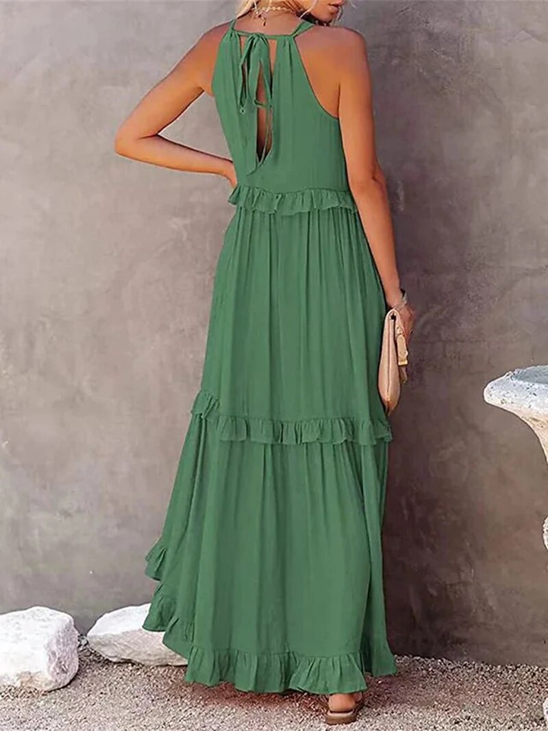 Green Tie-Up Robe Maxi Dress - Casual, Summer, Elegant, Sleeveless, Ruffle, Halter, Women's Party Outfits, Beach