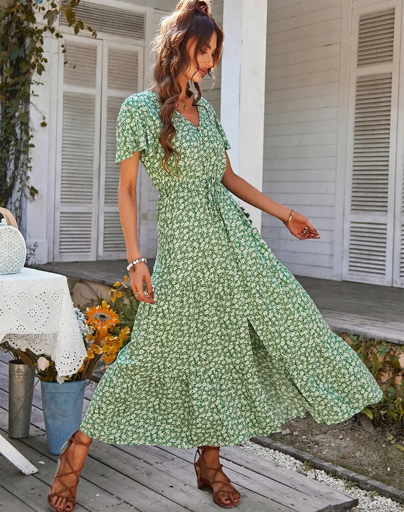 Vintage Floral Summer Dresses: Elegant, Loose Fit, High Waist Slit Dress for Women's Beach Holiday Leisure - New Print Vestido