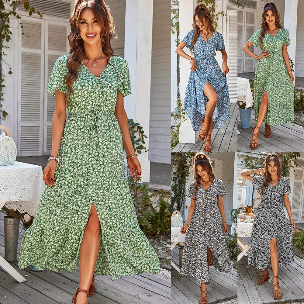 Vintage Floral Summer Dresses: Elegant, Loose Fit, High Waist Slit Dress for Women's Beach Holiday Leisure - New Print Vestido