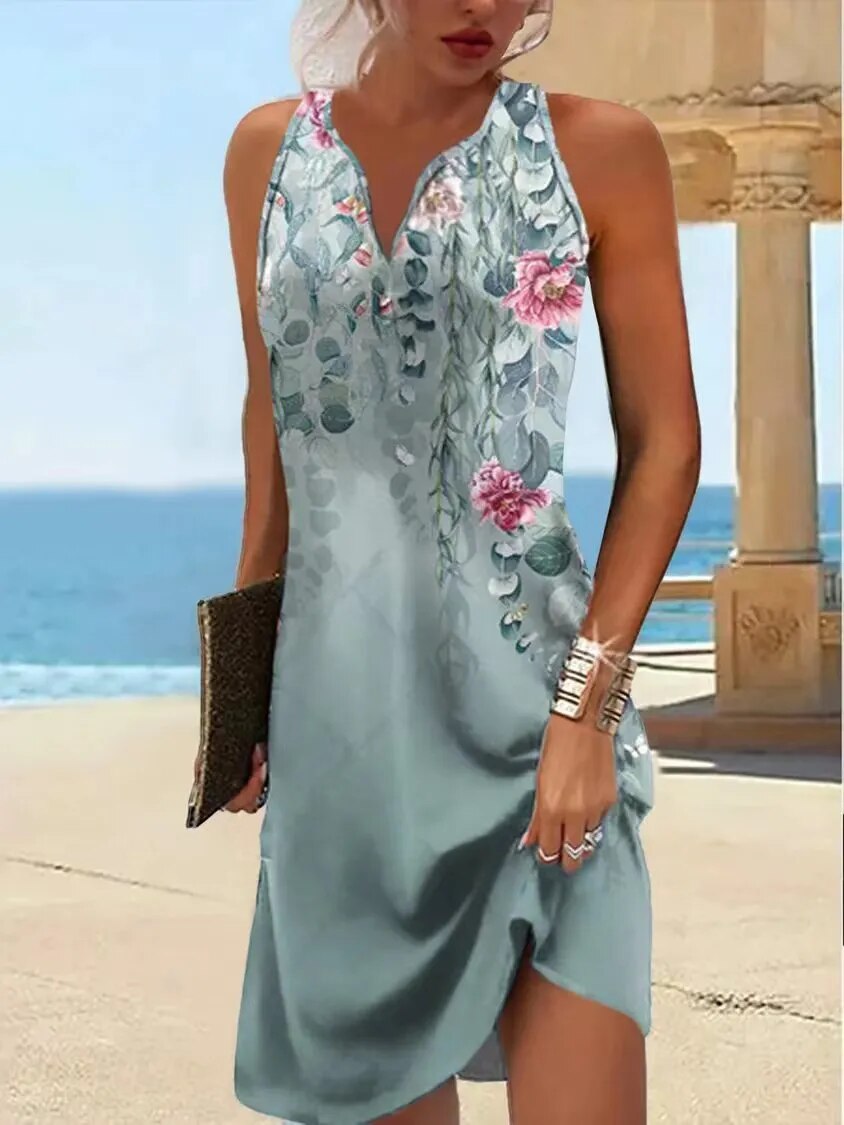 Women's Loose Stitching V Neck Sleeveless Dress - Bohemian Summer Fashion Vacation Dress