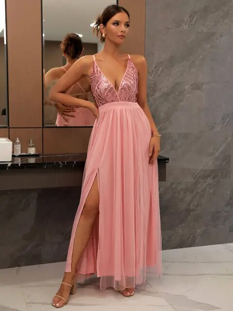 Rückenfreies Cocktail-Maxikleid mit V-Ausschnitt und Pailletten aus Netzstoff – Elegantes Partykleid für Damen 