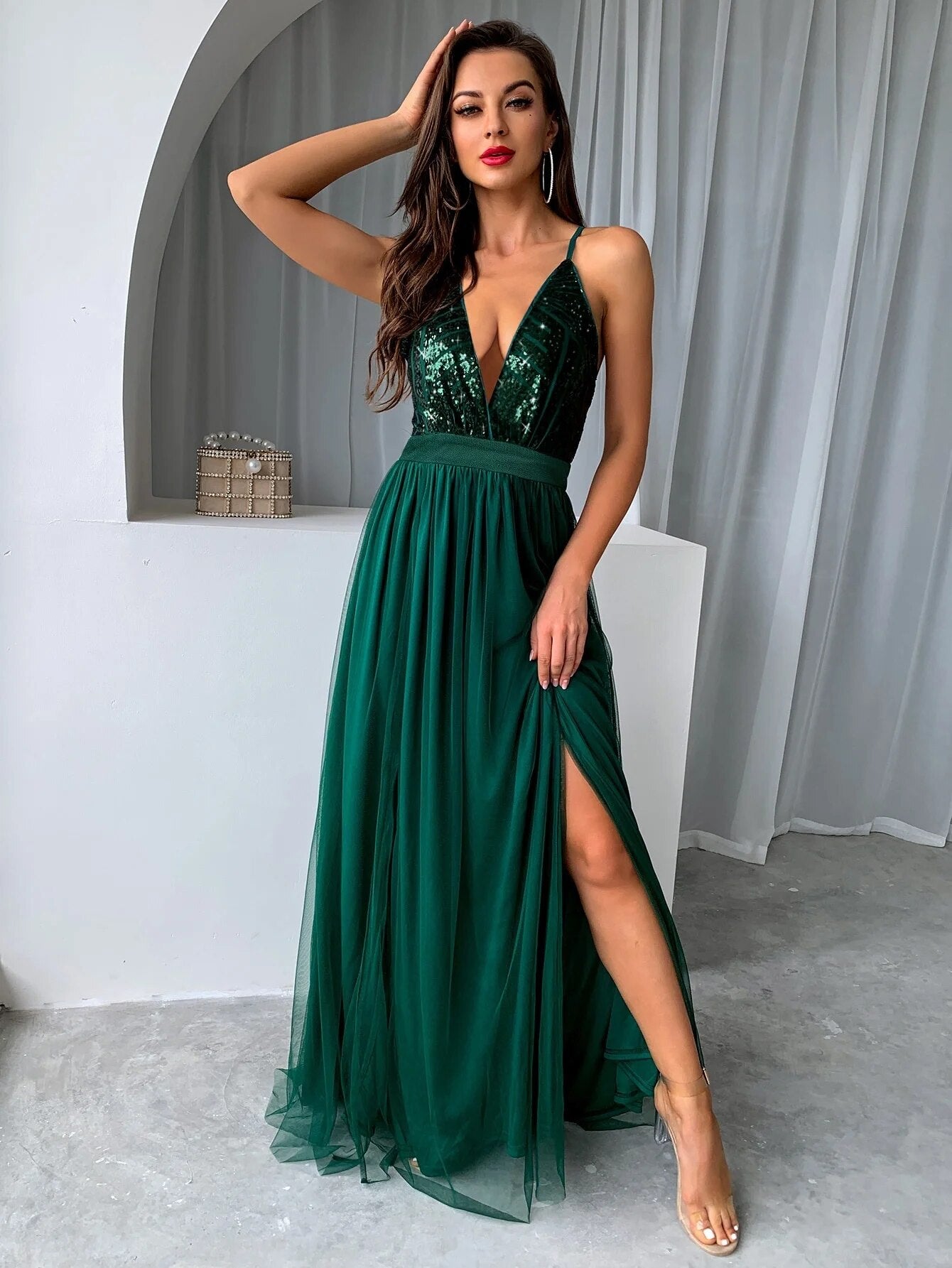 Mesh Sequin V-Neck Backless Cocktail Maxi Dress - Elegant Party Dress for Women