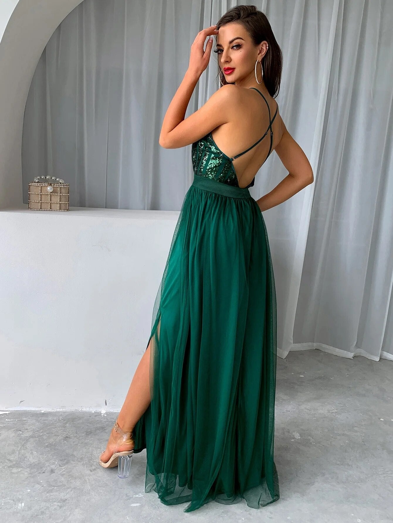 Mesh Sequin V-Neck Backless Cocktail Maxi Dress - Elegant Party Dress for Women