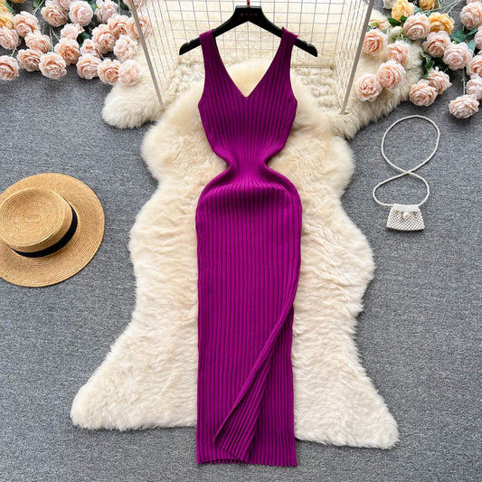 Sexy, langes, figurbetontes Wickelkleid aus Strick – schmales, elastisches Kleid mit Schlitz für Damen 
