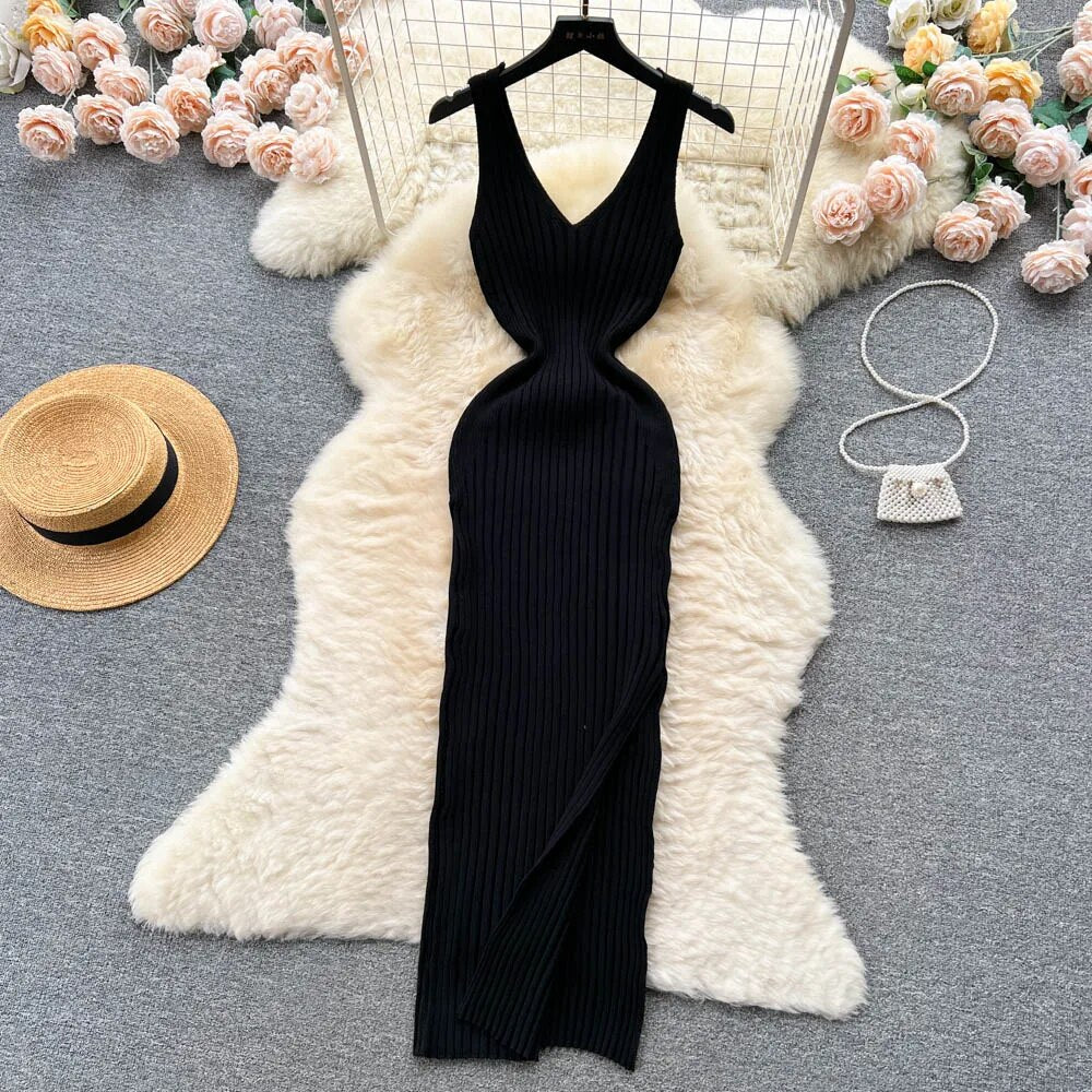 Robe moulante longue en tricot sexy – Robe fendue élastique fine pour femme 