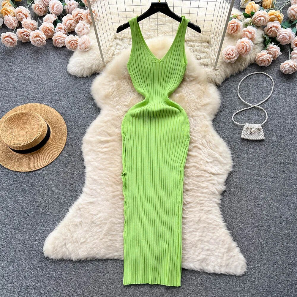 Sexy Wrap Long Knit Bodycon Dress - Slim Elastic Split Dress for Women