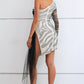 Zebra Print Rhinestone Slit Single Shoulder Dress