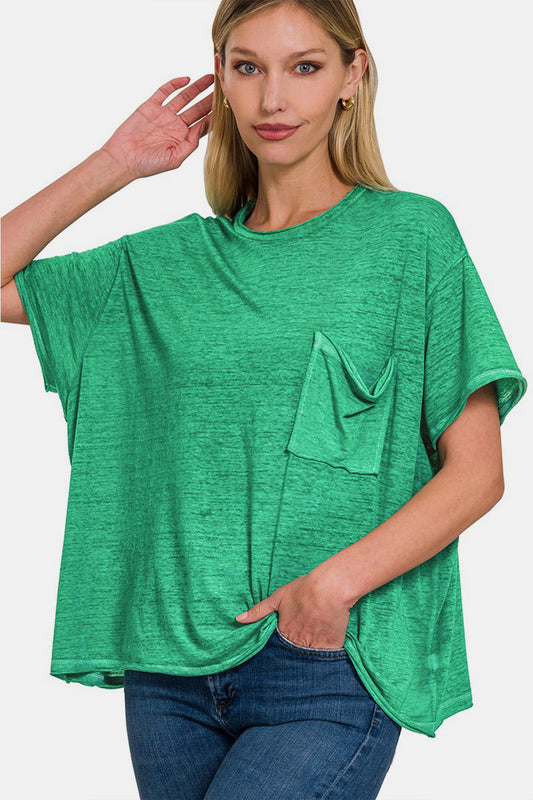 Zenana - T-shirt à poches et col rond à épaules tombantes