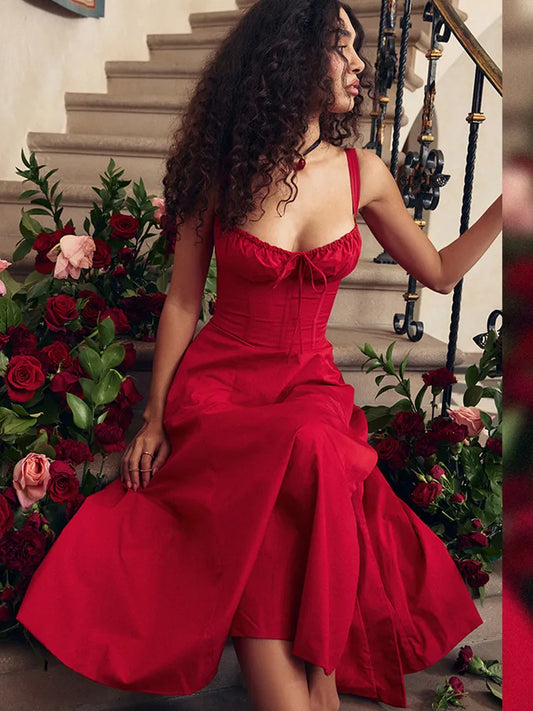 Robes de soirée rouges 2023 : robe mi-longue trapèze élégante avec bretelles spaghetti, détails à lacets et fente pour l'été 
