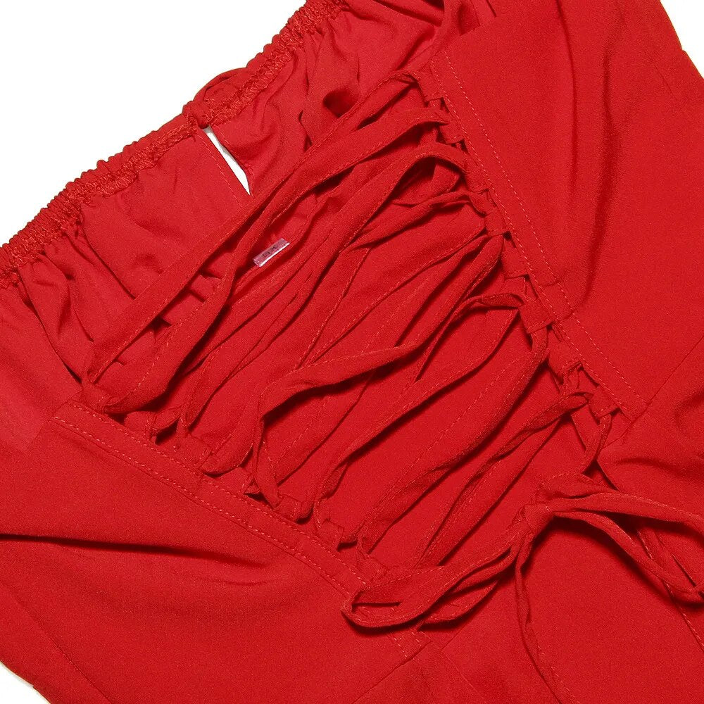 Robes de soirée rouges 2023 : robe mi-longue trapèze élégante avec bretelles spaghetti, détails à lacets et fente pour l'été 