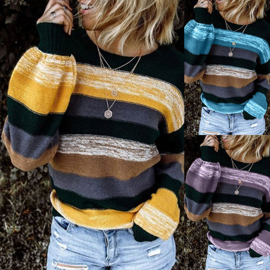 Round Neck Contrast Stitching Long-sleeved Loose Striped Knitted Sweater Women - ladieskits - sweatshirt vs sweater