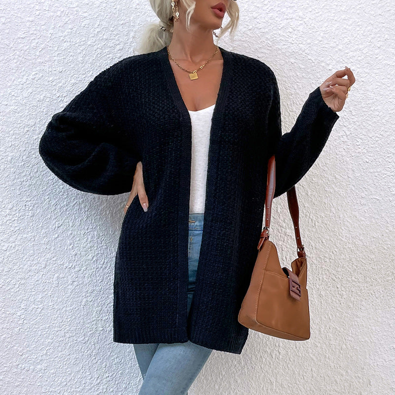 Autumn And Winter New Solid Color Knitted Cardigan Mid-length Sweater Women - ladieskits - sweatshirt vs sweater