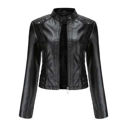 Studded Leather Women Short Jacket Long Sleeves - ladieskits - 0