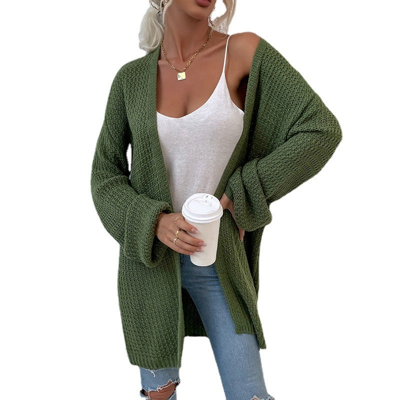 Autumn And Winter New Solid Color Knitted Cardigan Mid-length Sweater Women - ladieskits - sweatshirt vs sweater