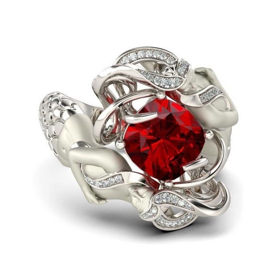 Cushion-Cut Red Natural Ruby Gemstone Ring Luxury 925 Sterling Silver Mermaid Rings for Women Wedding Jewelry - ladieskits - 0