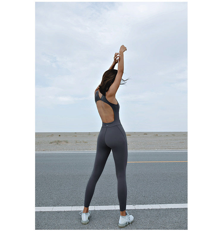 Seamless One-piece Sets Women Sleeveless Gym Clothing Yoga Set with Padded Back Hollow Sports Tights Rompers Fitness Jumpsuit - ladieskits