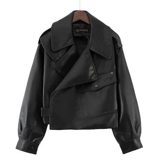 Loose cropped leather jacket motorcycle jacket - ladieskits - 0