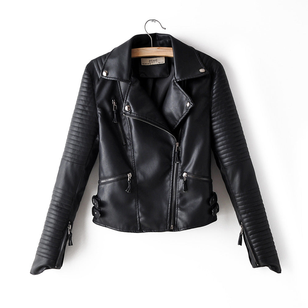 Irregular cuff motorcycle leather jacket - ladieskits - 0