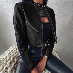 Faux leather stand collar long sleeve leather jacket - ladieskits - 0