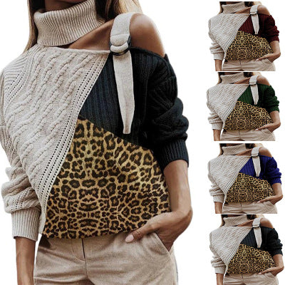Winter women sweater leopard stitching sweater
