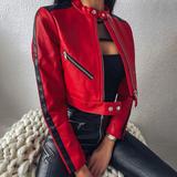 Faux leather stand collar long sleeve leather jacket - ladieskits - 0