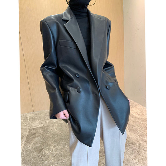 PU leather suit silhouette jacket - ladieskits - 0
