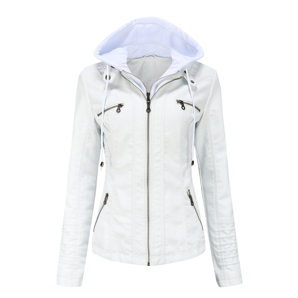 Detachable Two-piece Hooded Leather Jacket - ladieskits - 0