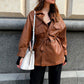 Leather jacket thinned lace waist PU leather long-sleeved dress - ladieskits - 0