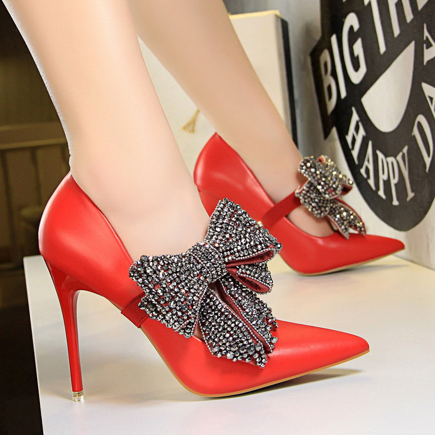Single high heels with rhinestone bow - ladieskits - 0