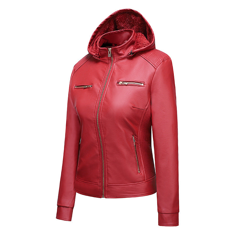 Women's warm casual hooded leather jacket - ladieskits - 0