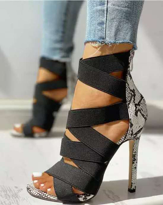 High heels with cross ties snake pattern thin High Heels Sandals - ladieskits - 0