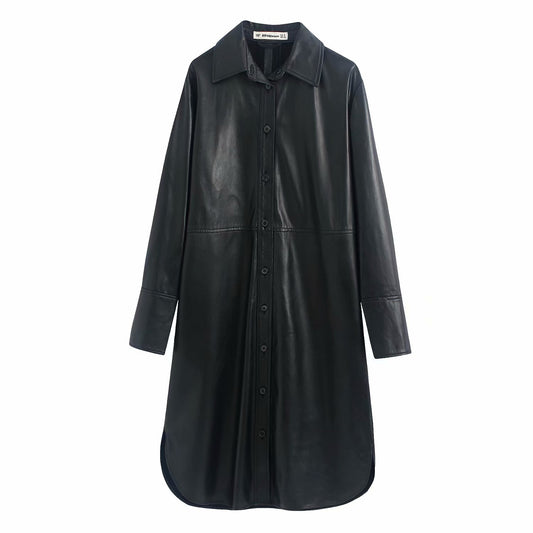 Lapel long sleeve leather shirt jacket women - ladieskits - 0